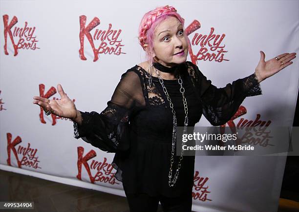 Cyndi Lauper attends the opening night press reception for Wayne Brady opening in 'Kinky Boots' at the Paramount Bar and Grill on December 1, 2015 in...