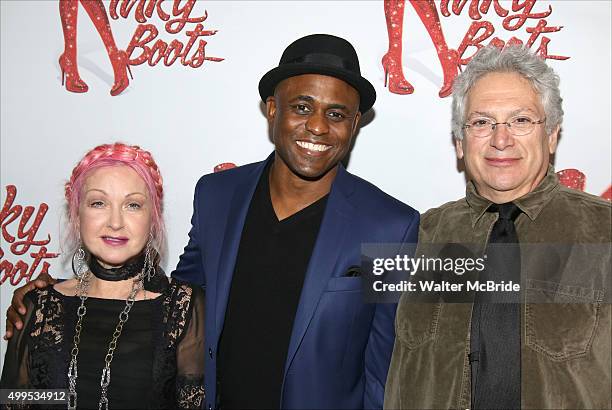 Cyndi Lauper, Wayne Brady and Harvey Fierstein attend the opening night press reception for Wayne Brady opening in 'Kinky Boots' at the Paramount Bar...