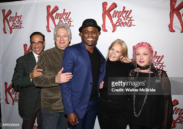 Hal Luftig, Harvey Fierstein, Wayne Brady, Daryl Roth and Cyndi Lauper attend the opening night press reception for Wayne Brady opening in 'Kinky...