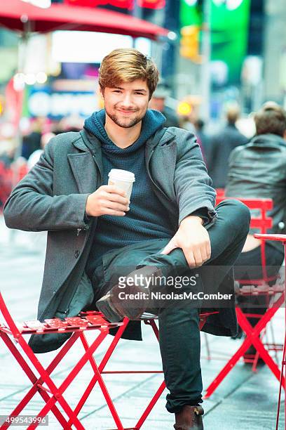 young actor on broadway portrait with coffee - broadway actor stock pictures, royalty-free photos & images