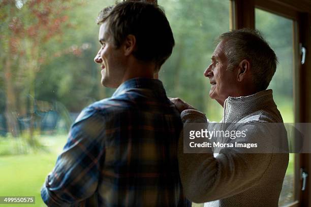 thoughtful father and son in cottage - figlio maschio foto e immagini stock