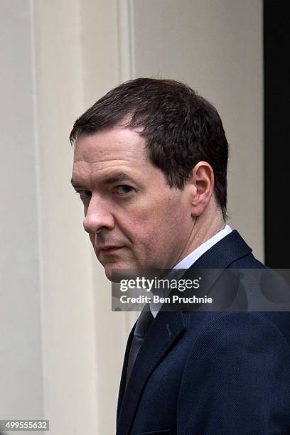 British Chancellor of the Exchequer George Osborne departs Number 11 Downing Street on December 2, 2015 in London, England. British MPs are expected...