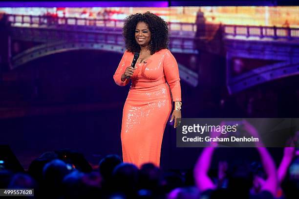 Oprah Winfrey talks on stage during her An Evening With Oprah tour on December 2, 2015 in Melbourne, Australia.