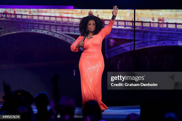 Oprah Winfrey talks on stage during her An Evening With Oprah tour on December 2, 2015 in Melbourne, Australia.