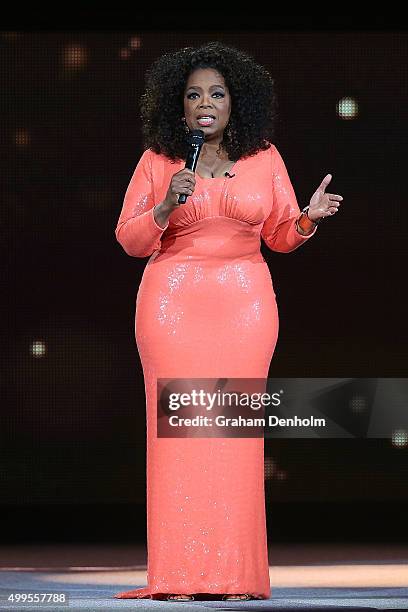 Oprah Winfrey talks on stage during her An Evening With Oprah tour on December 2, 2015 in Melbourne, Australia.