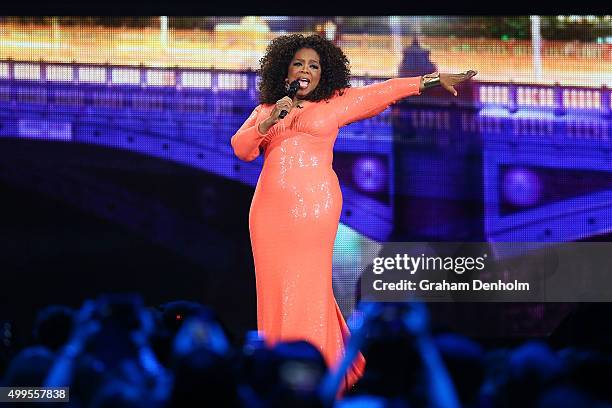 Oprah Winfrey talks on stage during her An Evening With Oprah tour on December 2, 2015 in Melbourne, Australia.