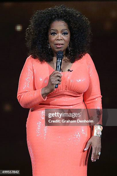 Oprah Winfrey talks on stage during her An Evening With Oprah tour on December 2, 2015 in Melbourne, Australia.