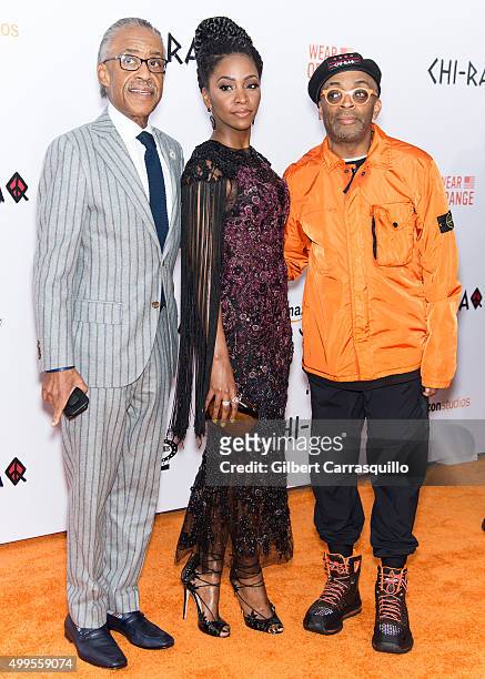 Reverend Al Sharpton, Actress Teyonah Parris and Director Spike Lee attend the 'CHI-RAQ' New York Premiere at Ziegfeld Theater on December 1, 2015 in...