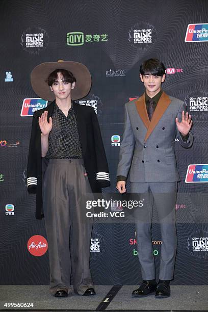 Singers Key and Min-Ho of SHINee attend 2015 Mnet Asian Music Awards press conference at AsiaWorld-Expo on December 2, 2015 in Hong Kong, China.