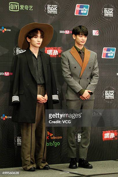 Singers Key and Min-Ho of SHINee attend 2015 Mnet Asian Music Awards press conference at AsiaWorld-Expo on December 2, 2015 in Hong Kong, China.