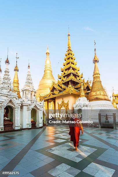 buddhist monk walking near temple, yangon, myanmar - shwedagon pagoda stock pictures, royalty-free photos & images