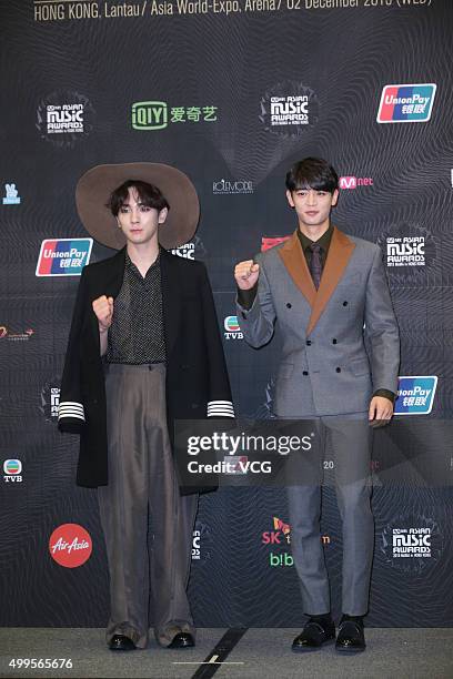 Singers Key and Min-Ho of SHINee attend 2015 Mnet Asian Music Awards press conference at AsiaWorld-Expo on December 2, 2015 in Hong Kong, China.