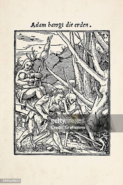 adam working the land after holbein - eve biblical figure stock illustrations