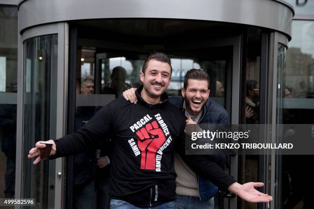 Employees of Air France prosecuted for violence against security guards and executives leave Bobigny's courthouse after a hearing as part of the...