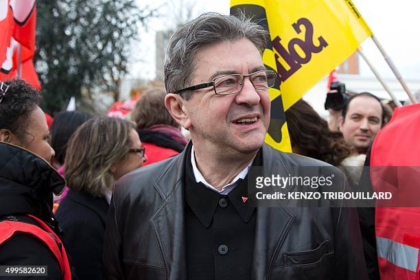Former president of the Left Front Jean-Luc Melenchon takes part in a demonstration in support of employees of Air France prosecuted for violence...