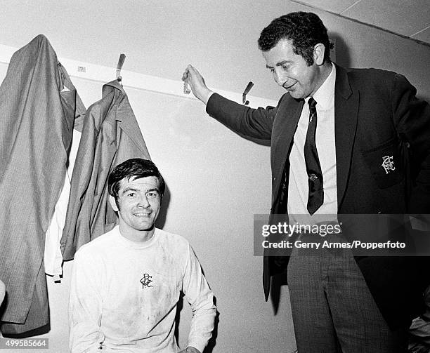 Birmingham City manager Freddie Goodwin with defender Stan Harland in the dressing-room after their 3-1 victory over Huddersfield Town in the FA Cup...