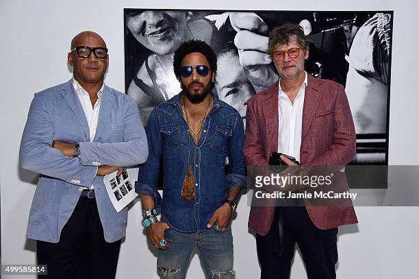 Reiner Opoku, Lenny Kravitz and Peter Coelm attend the Opening of Lenny Kravitz FLASH Photography Exhibition at Miami Design District on December 1,...