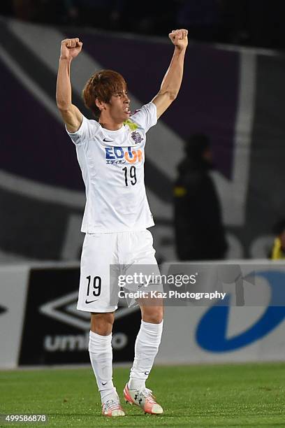 Sho Sasaki of Sanfrecce Hiroshima celebrates the 2nd goal during the J.League 2015 Championship final 1st leg match between Gamba Osaka and Sanfrecce...