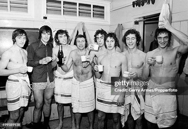 With tea mugs full of champagne, Wolverhampton Wanderers players celebrate in the dressing-room after their League Cup semi-final 2nd leg against...