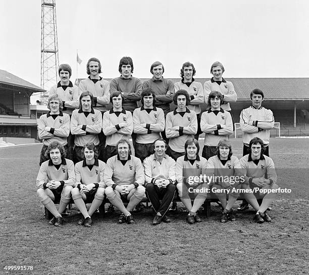 League Cup Finalists Wolverhampton Wanderers posing for a pre-Wembley squad photograph at Molineux in Wolverhampton, 21st February 1974. Back row :...