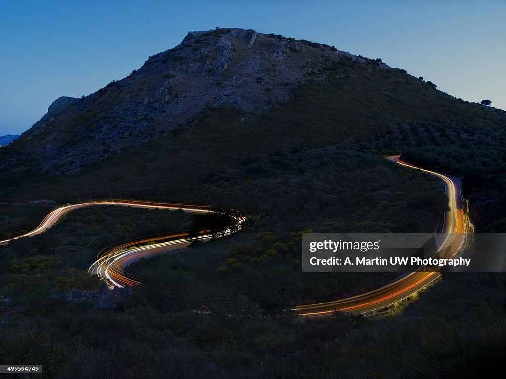 Winding road at night