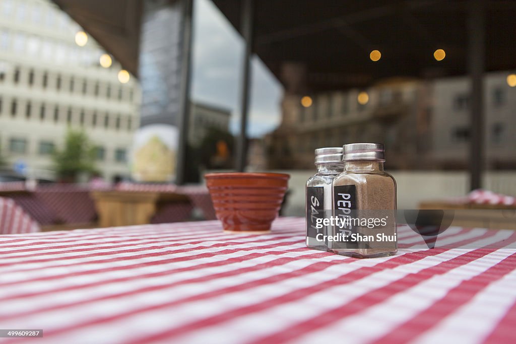 Pepper and salt on a restaurant table