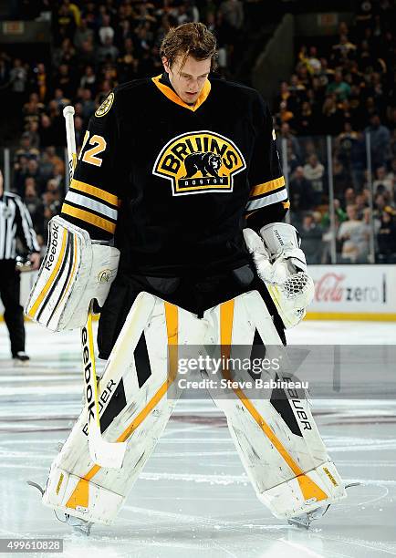 Goaltender Niklas Svedberg of the Boston Bruins prepares to play in the game against the Colorado Avalanche at TD Garden on October 13, 2014 in...