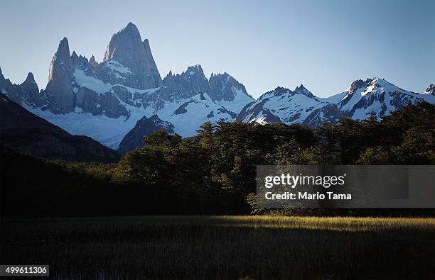 Monte Fitz Roy stands in Los Glaciares National Park, part of the Southern Patagonian Ice Field, on December 1, 2015 in Santa Cruz Province,...
