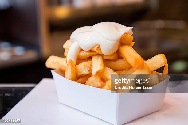 frites with mayonnaise - belgium stock pictures, royalty-free photos & images