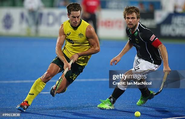 Dylan Wotherspoon of Australia vies with Moritz Furste of Germany during the match between Australia and Germany on day six of The Hero Hockey League...