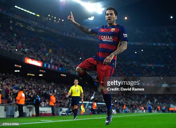 Dani Alves of FC Barcelona celebrates after scoring the opening goal during the Copa del Rey Round of 32 second leg match betwen FC Barcelona and...