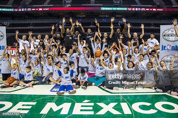 Players pose for pictures with Mexican Special Olympics athletes during the NBA Cares clinic at Arena Ciudad de Mexico on December 02, 2015 in Mexico...