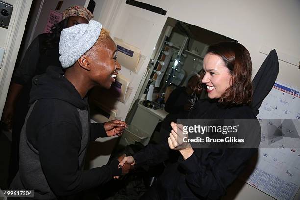 Cynthia Erivo and Daisy Ridley chat backstage at the hit musical "The Color Purple" on Broadway at The Jacobs Theater on December 2, 2015 in New York...