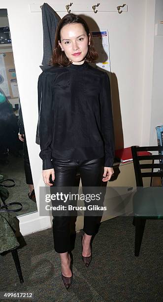 Daisy Ridley poses backstage at the hit musical "The Color Purple" on Broadway at The Jacobs Theater on December 2, 2015 in New York City.