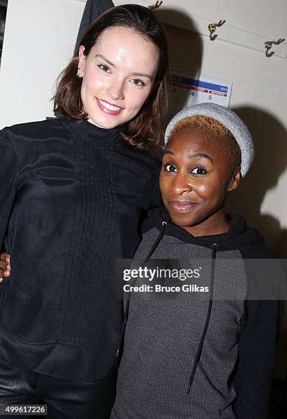 Daisy Ridley and Cynthia Erivo pose backstage at the hit musical "The Color Purple" on Broadway at The Jacobs Theater on December 2, 2015 in New York...