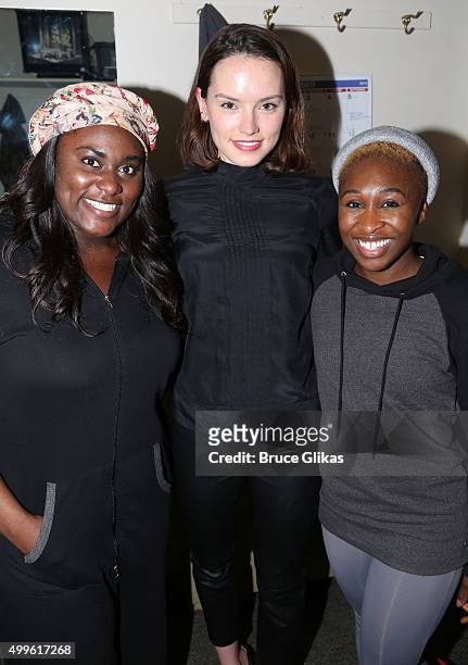 Danielle Brooks, Daisy Ridley and Cynthia Erivo pose backstage at the hit musical "The Color Purple" on Broadway at The Jacobs Theater on December 2,...