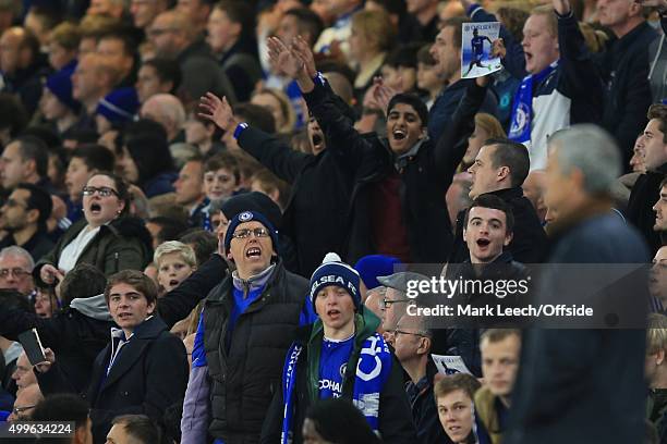 Chelsea fans stand in unison to sing Jose Mourinho's name during the UEFA Champions League Group G match between Chelsea and Dynamo Kyiv at Stamford...