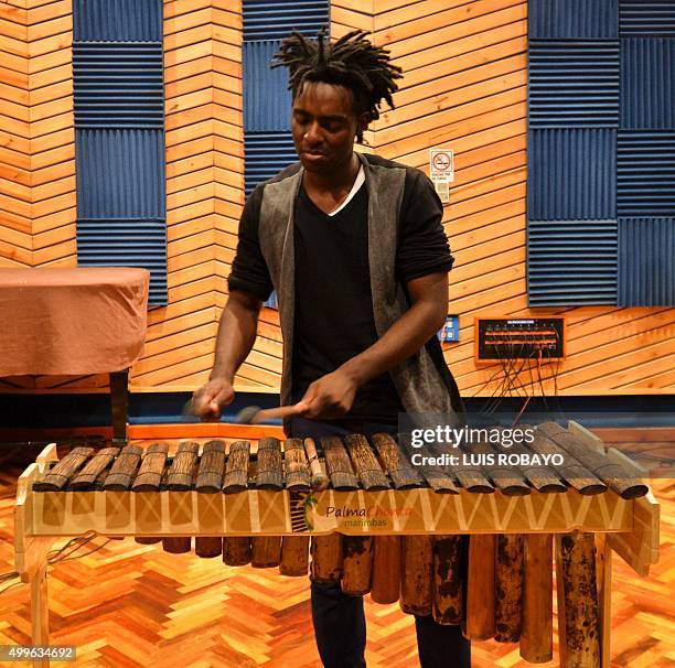 Colombian musician Enrique Riascos, of the Herencia de Timbiqui music band, plays the Marimba de Chonta, , in a recording studio in Cali, Colombia,...