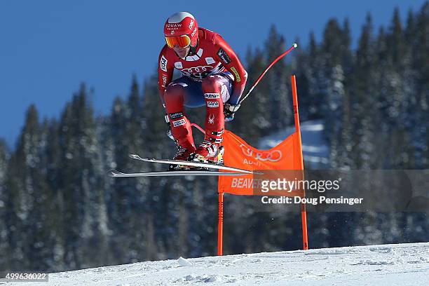 Marco Sullivan of the United States soars over the Red Tale jump during downhill training for the Audi FIS Ski World Cup on the Birds of Prey on...