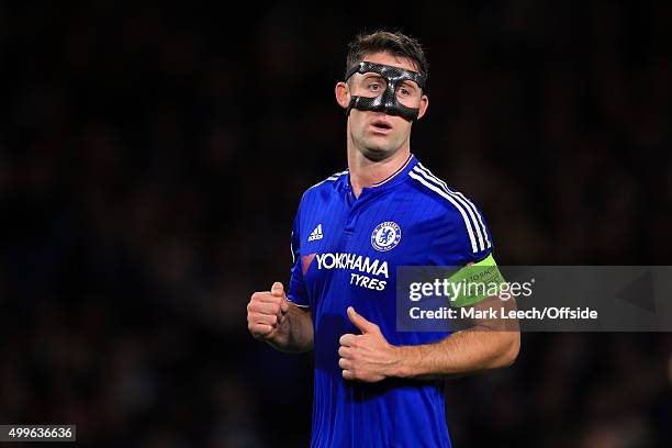 Gary Cahill of Chelsea wearing a protective face mask during the UEFA Champions League Group G match between Chelsea and Maccabi Tel-Aviv at Stamford...