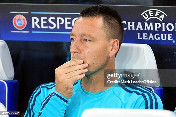 John Terry of Chelsea looks on from the substitutes bench during the UEFA Champions League Group G match between Chelsea and Maccabi Tel-Aviv at...