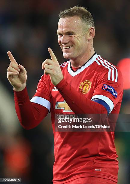 Wayne Rooney of Manchester United celebrates during the UEFA Champions League Qualifying Round Play Off Second Leg between Club Brugge and Manchester...