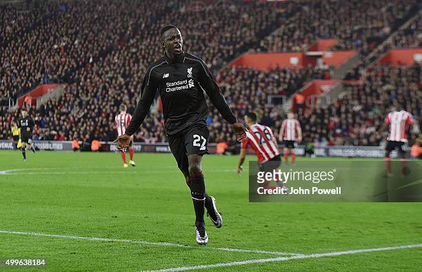 Divock Origi of Liverpool celebrates after scoring during the Capital One Cup Quarter Final match between Southampton and Liverpool at St Mary's...