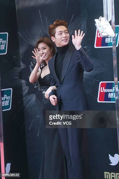 South Korean actor Seo Kang-joon and South Korean actress Kim So Eun attend 2015 Mnet Asian Music Awards press conference at AsiaWorld-Expo on...