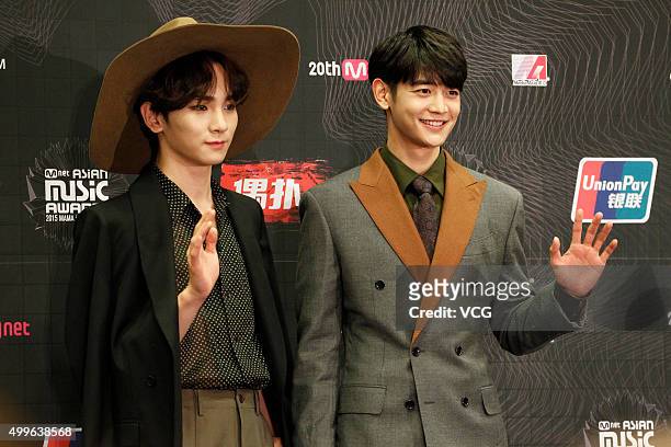 Singers Key and Min-Ho of SHINee attend 2015 Mnet Asian Music Awards press conference at AsiaWorld-Expo on December 2, 2015 in Hong Kong, China.