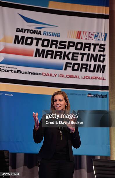 Television sportscaster Krista Voda speaks at the 16th DAYTONA Rising NASCAR Motorsports Marketing Forum at The Mirage Hotel & Casino on December 2,...