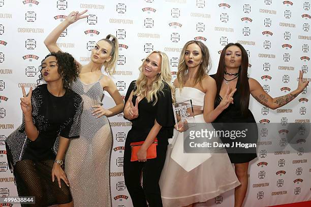 Leigh-Anne Pinnock, Perrie Edwards, Jade Thirlwal and Jesy Nelson of little Mix pose with Emma Bunton for a photo with the award for Girl Group...