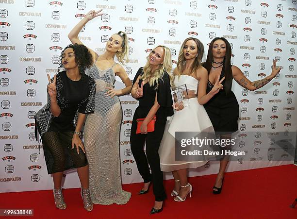 Leigh-Anne Pinnock, Perrie Edwards, Jade Thirlwal and Jesy Nelson of little Mix pose with Emma Bunton for a photo with the award for Girl Group...