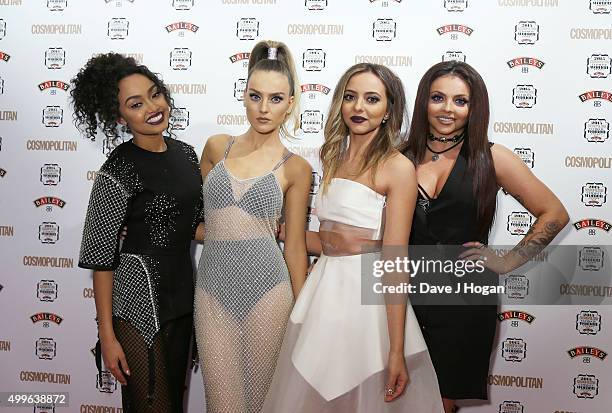 Leigh-Anne Pinnock, Perrie Edwards, Jade Thirlwal and Jesy Nelson of little Mix pose for a photo after winning the award for Girl Group during the...