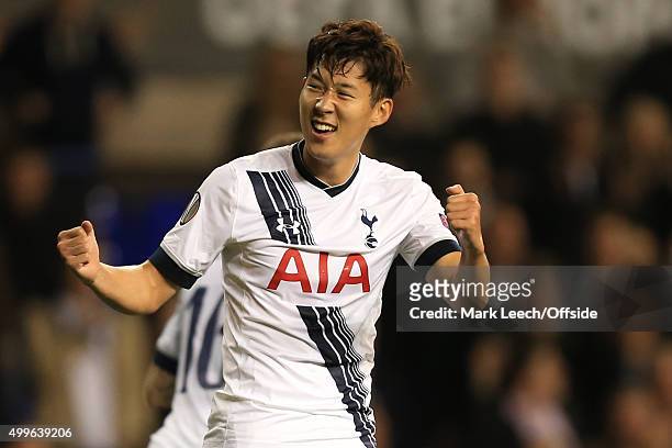 Son Heung-min of Tottenham celebrates scoring his 2nd goal during the UEFA Europa League match between Tottenham Hotspur FC and Qarabag FK on...
